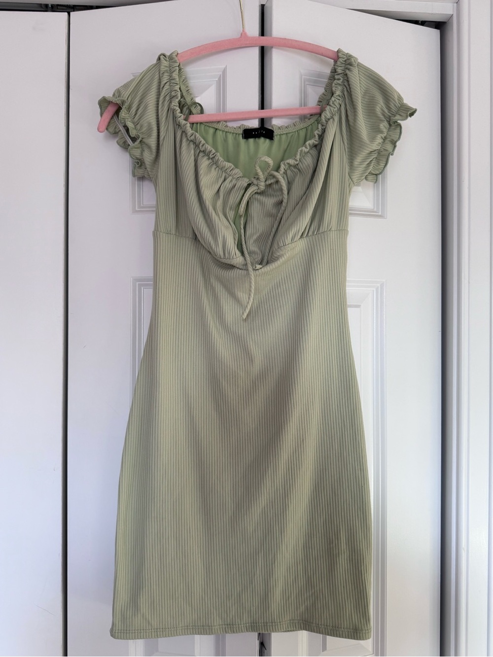 Light Sage Ribbed Mini Dress with Ruffled Shoulders